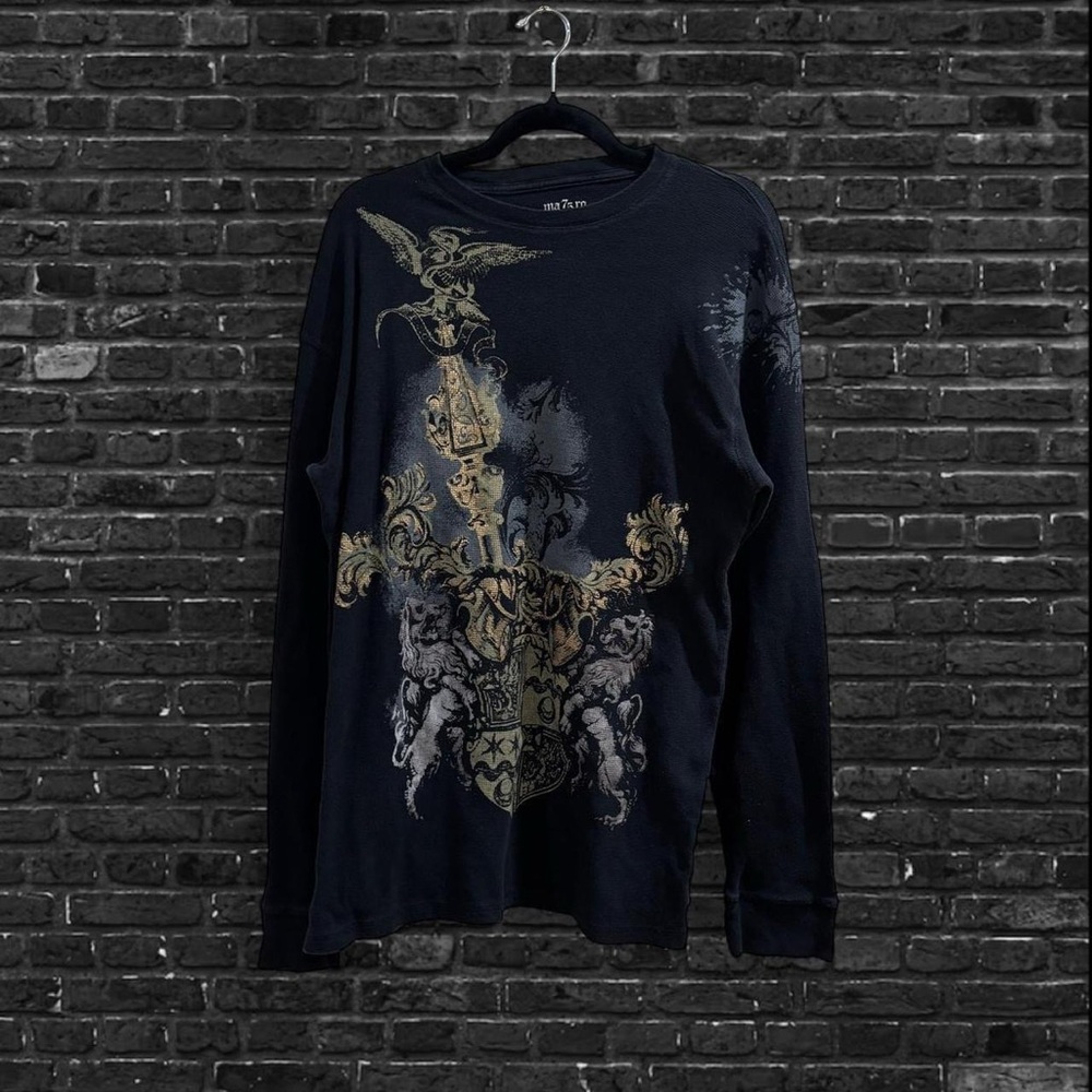 Y2K Grunge 2000s Affliction Style Gold Black Wing Long Sleeve Thermal Shirt